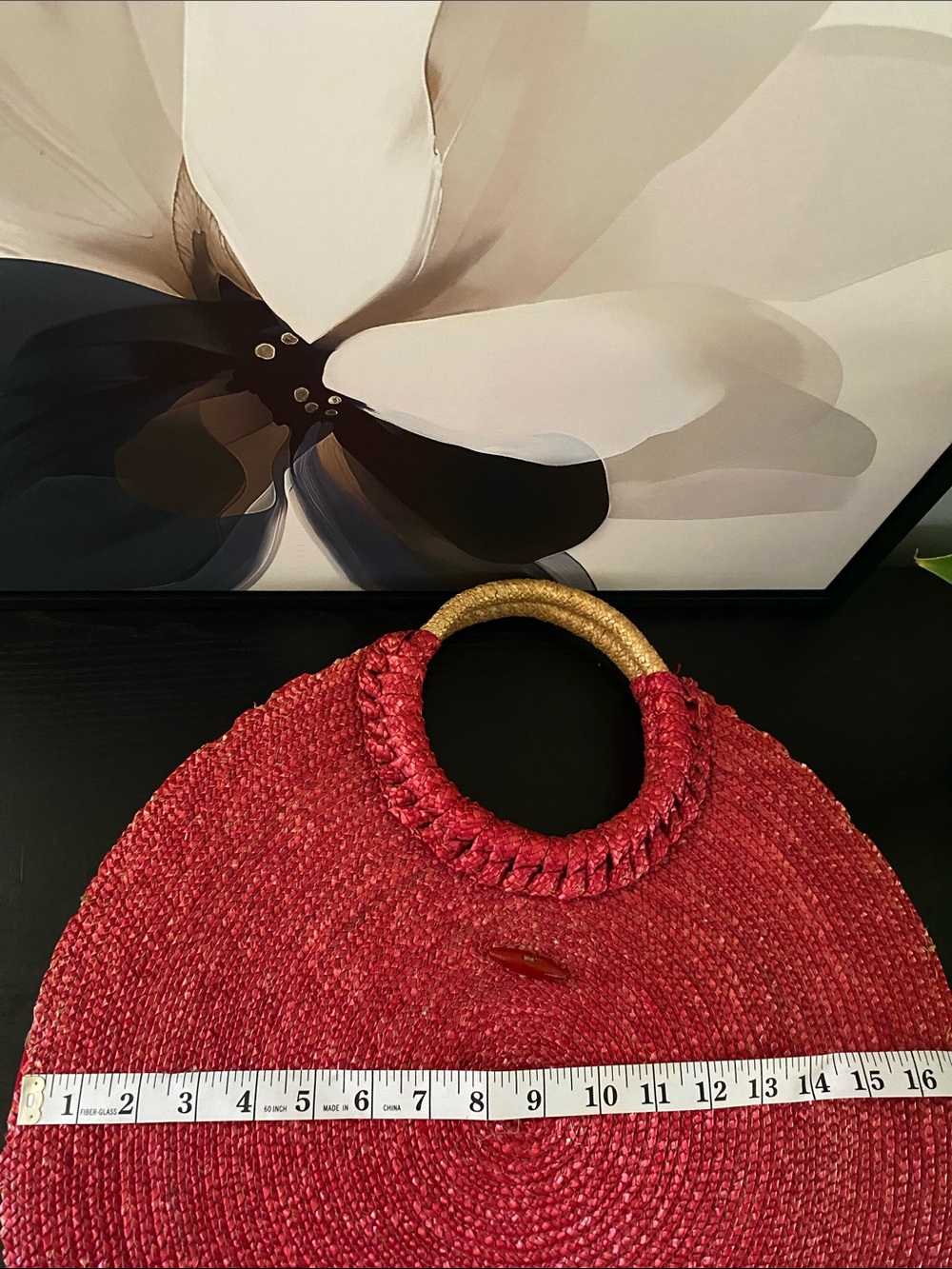 Vintage 80’s Round Boho Red Raffia Handbag - Picture 9 of 11